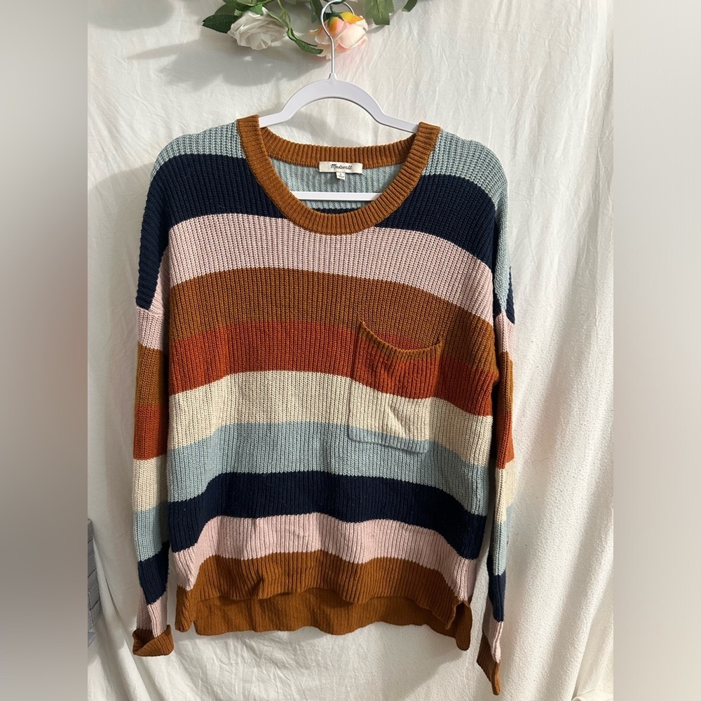 Madewell Striped Knit Sweater Fall Autumn Layering Preppy THOMPSON Rainbow